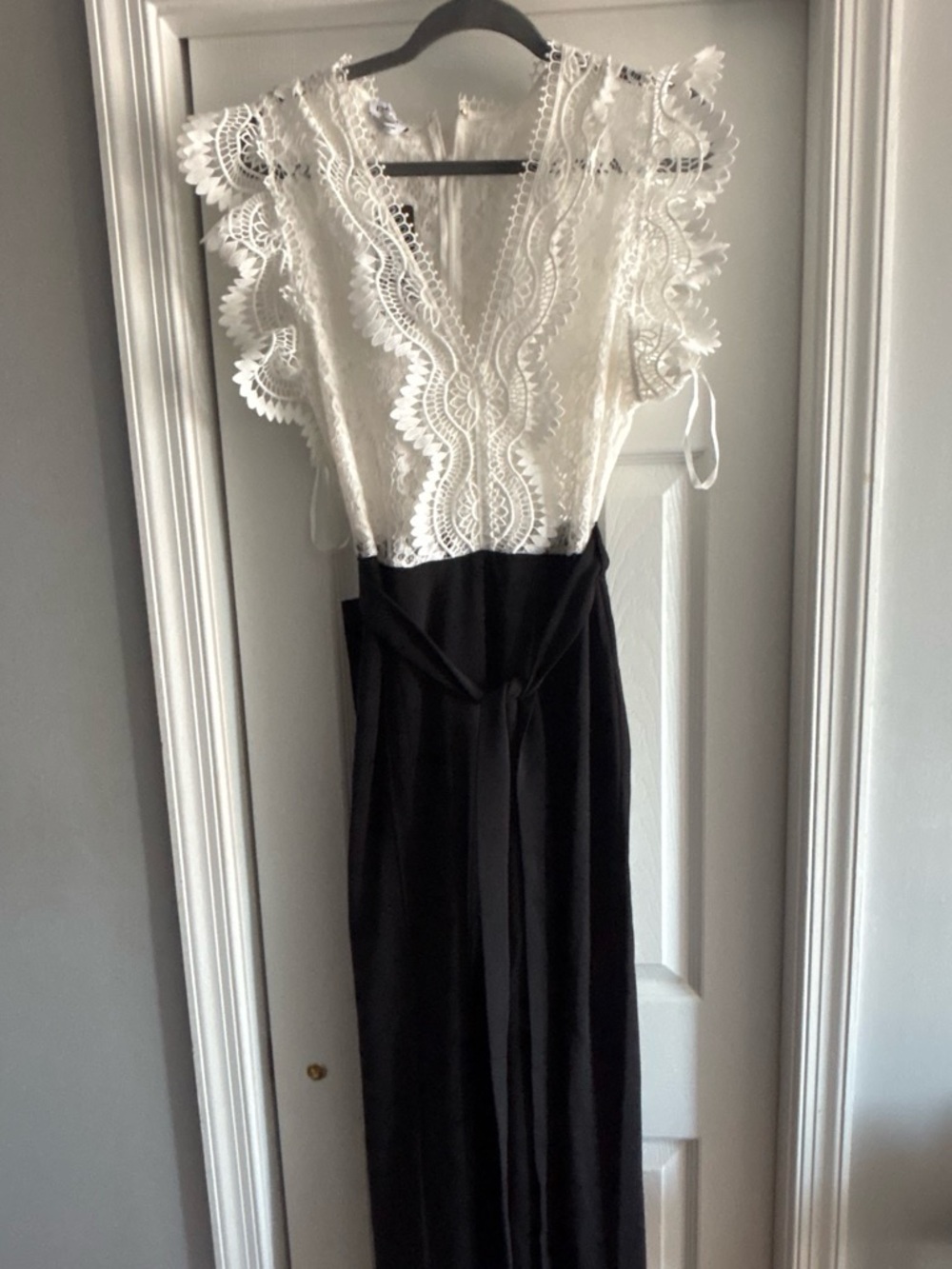 bebe One-Shoulder Lace Bodice Black and White Jumpsuit
